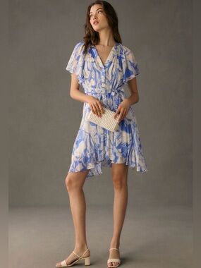 Anthropologie Blue White Floral Mini Dress Ruffle Sleeve Tie Waist Flowy Size S